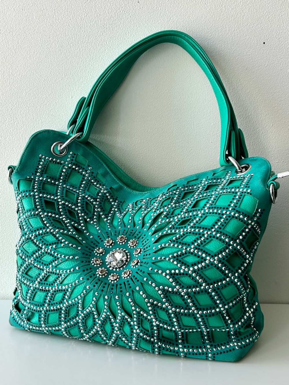 Vintage rhinestone shoulder bag in teal